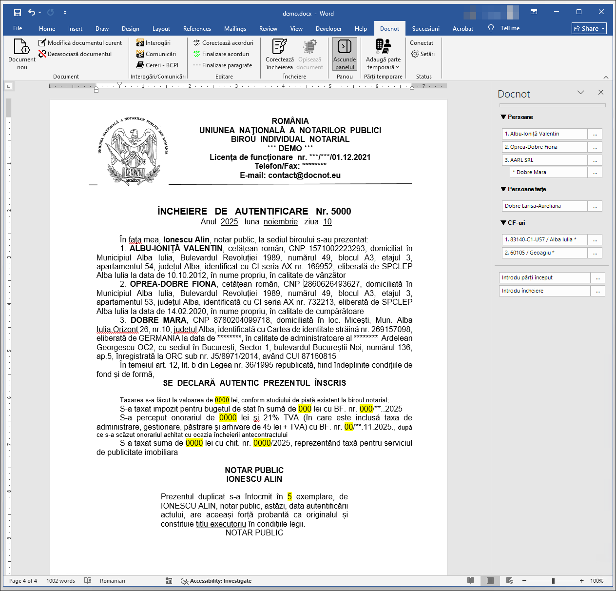 Document Word generat în Docnot